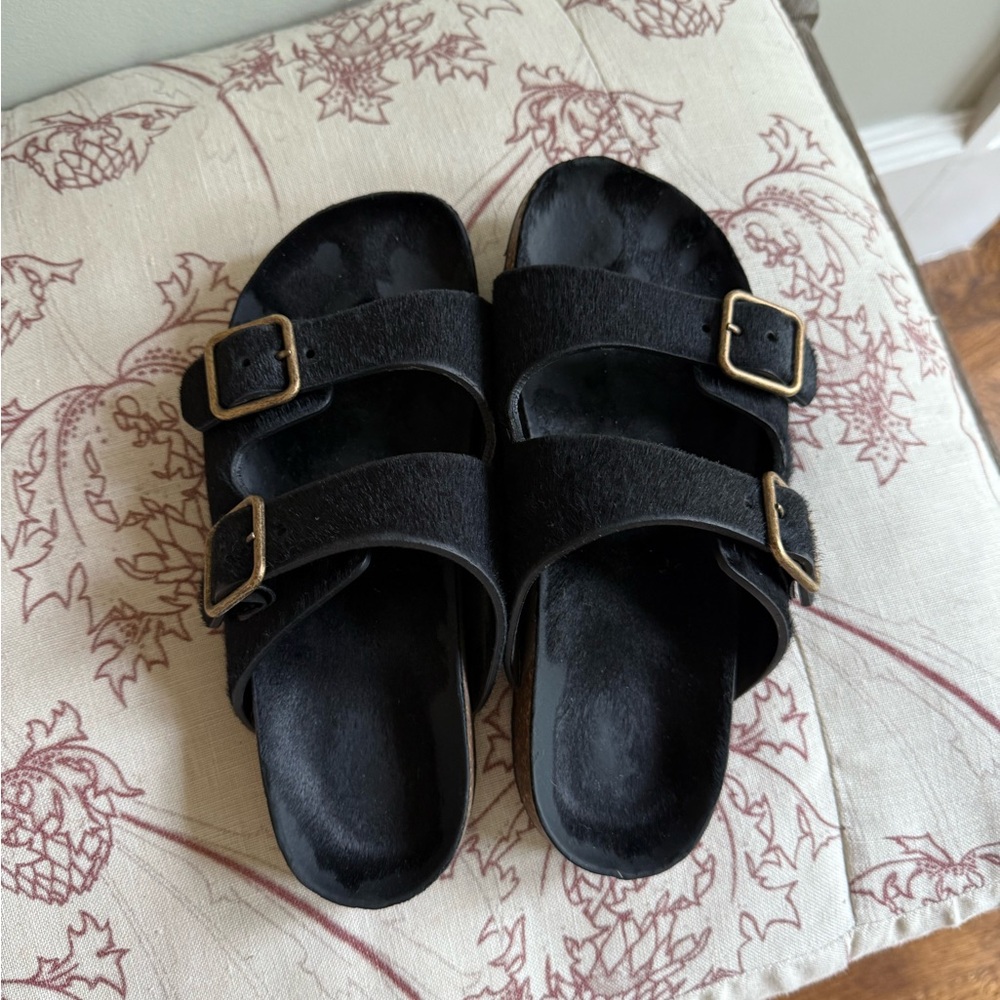 Saint Lauren pony hair Birkenstock style slides brass buckle size 38